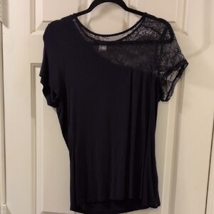 VENUS Black Short Sleeve Top with Lace Yoke